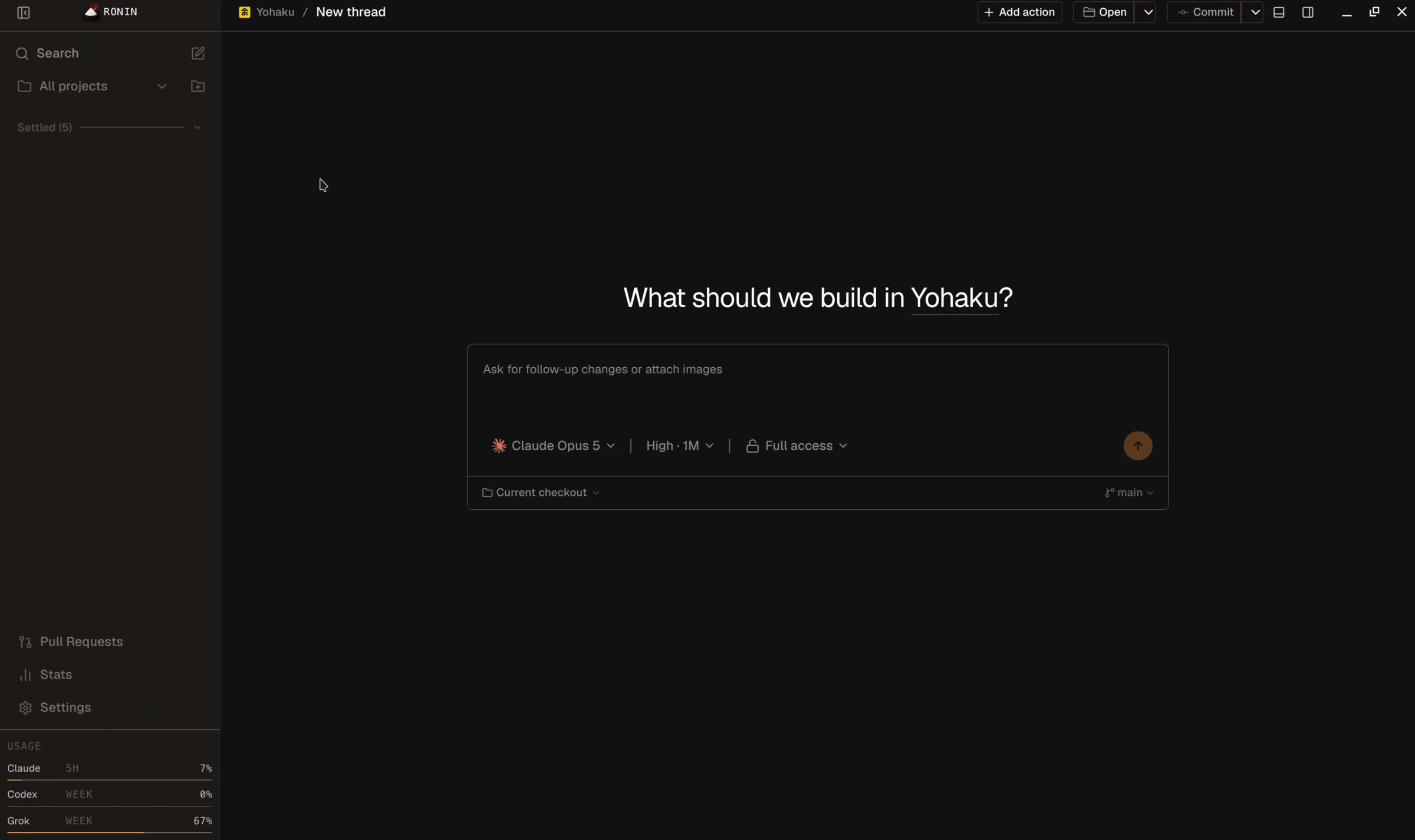 Ronin desktop workspace showing its project rail, composer, and source control actions